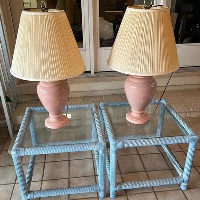 Set Of 2 Mid-Century Pink Table Lamps & Two Light Blue Wicker Glass Topped End Tables 