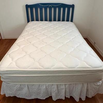 Full Bed Set (Mattress, Box Spring, Frame, Dust Ruffle + Blue Headboard)