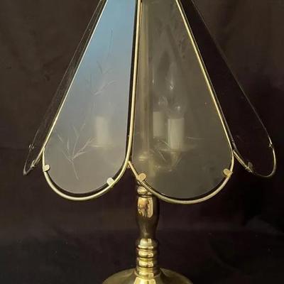 Vintage Brass Base Smokey Etched Glass Lamp