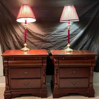 Pair of Dark Cherry Nightstands + Matching Maroon & Gold Table Lamps