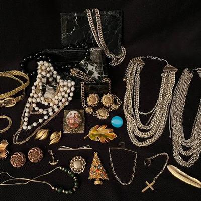 Gold Toned Costume Jewelry & Dark Marble Jewelry Box 