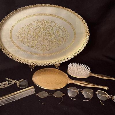 Gold Toned Vanity Set & Antique Glasses 