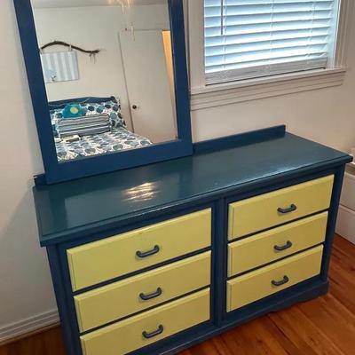 Big-Kid Bedroom Energy — Blue + Lime 6-Drawer Dresser w/ Mirror