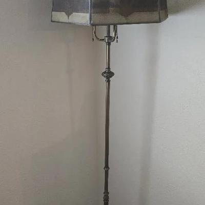 Vintage 3-Light Pull Chain Metal Floor Lamp With Metal Mesh Octagon Shade & Green Marble Base