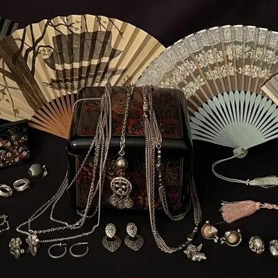Silver Toned Costume Jewelry, Hand Fans, & Multi-tier Asian Black Jelwlry Box  