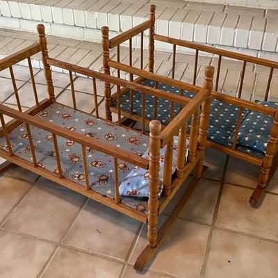 Set Of 2 Vintage Light Wooden Doll Rocking Cradles 