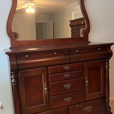 Dark Toned Dresser With Vanity Mirror 