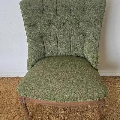 Vintage Green Brocade Fabric Button Tufted Accent Chair