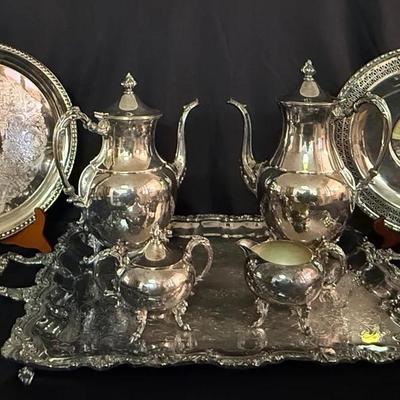 Tea Pots, Serving Plates, Serving Tray, With Sugar And Creamer Cup.