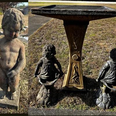 Concrete Bird Bath Plus Two Bird Feeders & Boy Fountain