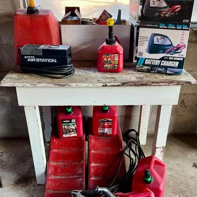 Automotive “Mystery Lot” (Fluids, Fuel Cans, Charger + More) — Table Included!