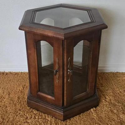 Vintage Wood/Glass Hexagon Shape End Table With Door & Glass Display Shelf 