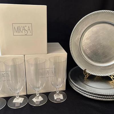 Set Of 12 Mikasa T7101 SONNET Iced Tea Glasses & (8) Silver Chargers 