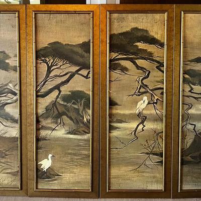 Mid-Century Four-Panel Quadrutych Wall Art — Signed “Lydia” — Crane & Coastal Landscape Scene