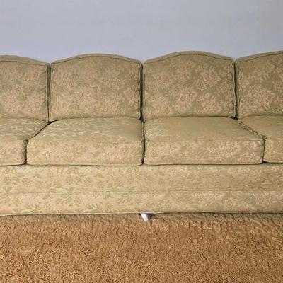 Vintage SEARS FINE FURNITURE Gold/Green Brocade Sofa With Rolling Casters