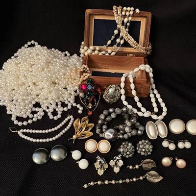 Pearl Costume Jewelry & Wooden Jewelry Box
