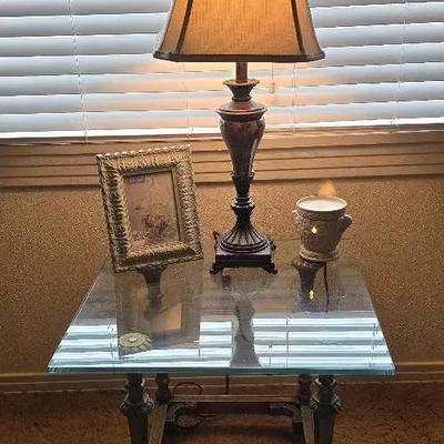 Glass Top End Table, Decorative Lamp, Electric Lighted Wax Warmer, Picture Frame