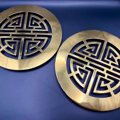 (2) vintage Asian-style brass trivet by Gump's With Box