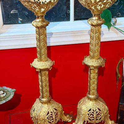 (2) HUGE Antique Brass Candlestick Holders 