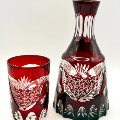 Bohemian ruby cut-to-clear glass decanter & Cup 