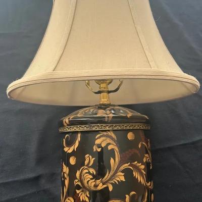 Oriental Accent Black & Gold Tapestry Jar Table Lamp