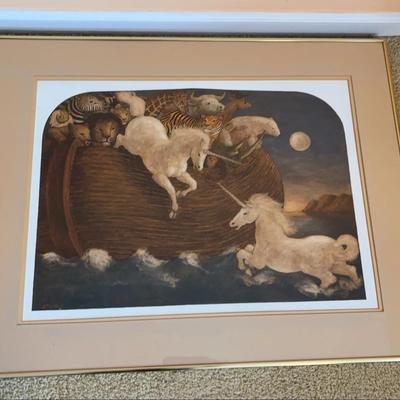 VTG Signed Charles Burdick Noah’s Ark Oil Painting in Gold Frame