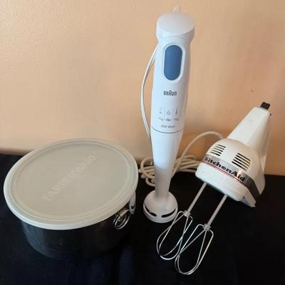 Kitchen Aid Hand Mixer, Braun Immersion Mixer, Stainless Steel Mixing Bowl Set