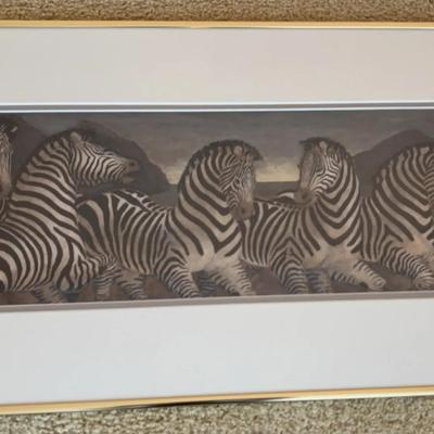 VTG Signed Charles Burdick Original Acrylic Painting of Zebras in Gold Frame