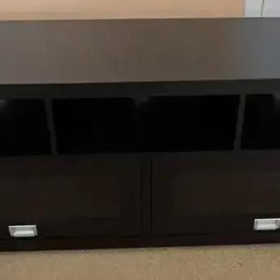 Modern TV Stand in Dark Brown Wood w/Glass Doors and Silver Hardware