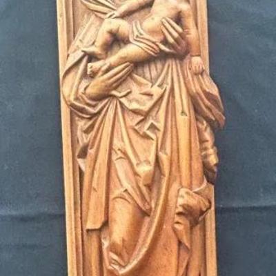 Virgin Mary & Baby Jesus Carved Wooden Hanging Statue