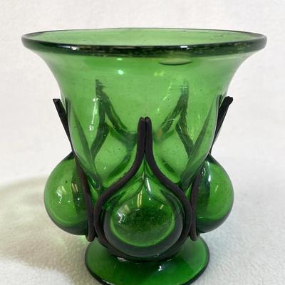 Fred Schafer Handblown Caged Green Bubble Glass Bud Vase 
