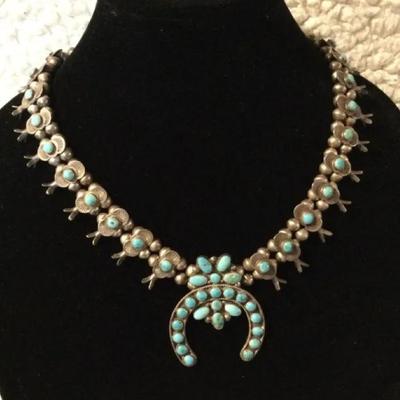 Squash Blossom Necklace Natve Amerian Steling Silver & Turquoise Stones