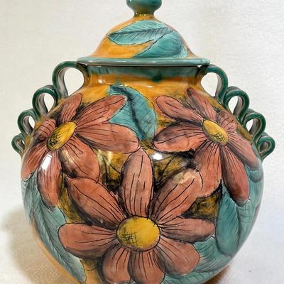 Mexican Majolica Hand Painted Floral Pottery With Lid