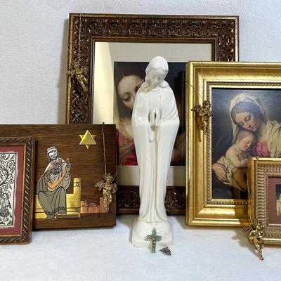 Religious Framed Artwork, Cherubs, Hummel Madonna, Jadeite Cross, 13pcs