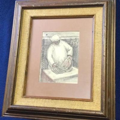 “Man In Butcher Shop” by Anthony Lauch Crayon On Paper 1949
