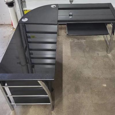 Glass & Metal L-Shaped Desk + Filing Cabinets