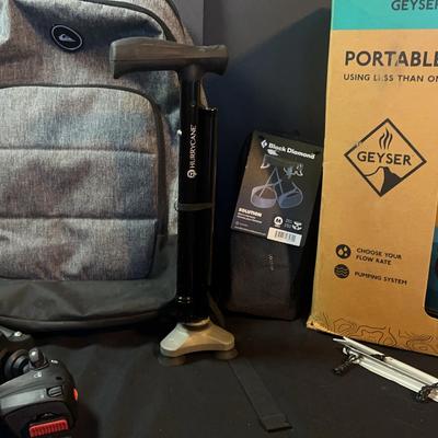 Portable Shower With Climbing Harness Quicksilver Backpack And Tripod