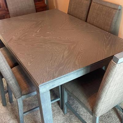 Modern Dark Grey Table With 6 Matching Upholstered Wood Trim Chairs