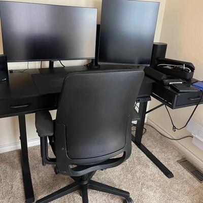 Electric Standing Desk, Chair, Monitors & Sonos Speaker 