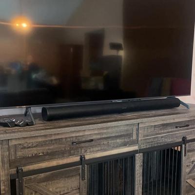 Samsung 75” TV With Sonos Sound Bar And Rustic Farmhouse Media Console 