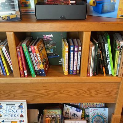Wooden Book Shelf With With Lego Toys And Children’s Books