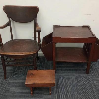 Wooden Chair, Footstool, and Magazine Rack