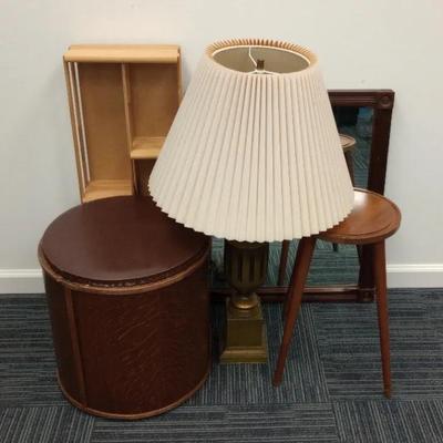 Midcentury Stool with Storage Ottoman, CD Shelf Organizer, Mirror and Table Lamp