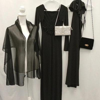 Long Black Dresses (2), Hand Bags (2) and Shawl
