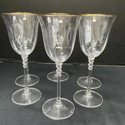 Six Gold Rimmed Crystal Wine Glasses 