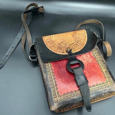 Vintage Hard Shell Tooled Leather Crossbody Purse With Aztec Graphic