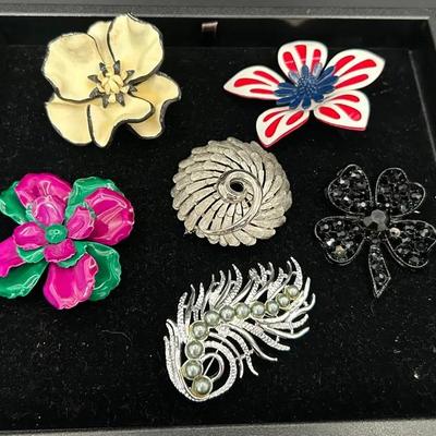Six Vintage Broaches Featuring Sarah Coventry Feather Fantasy Broach And BSK Swirl Broach 