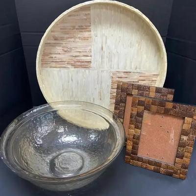 20 Inch Lacquered Serving Tray, Glass Bowl & Photo Frames