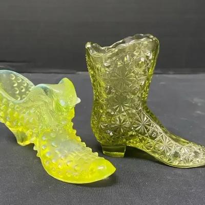 Vintage Fenton Opalesent Hobnail Glass Shoe & Avacado Boot