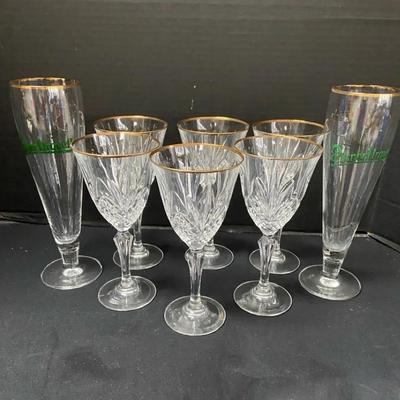 Six Cristal de Flandre Gold Rim Wine/Water Glasses & Pilsner Urquell Beer Glasses